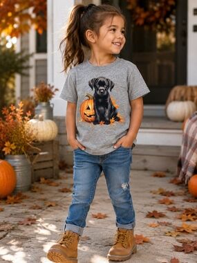 HG Creations Girls 5T Black Lab Puppy Pumpkin Fall Halloween Tee